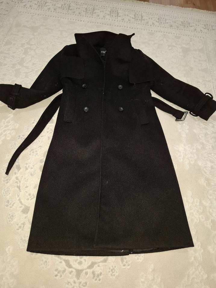 Uzun Kesim Siyah Bağlama Desenli Kadın Kaban - Görsel 3