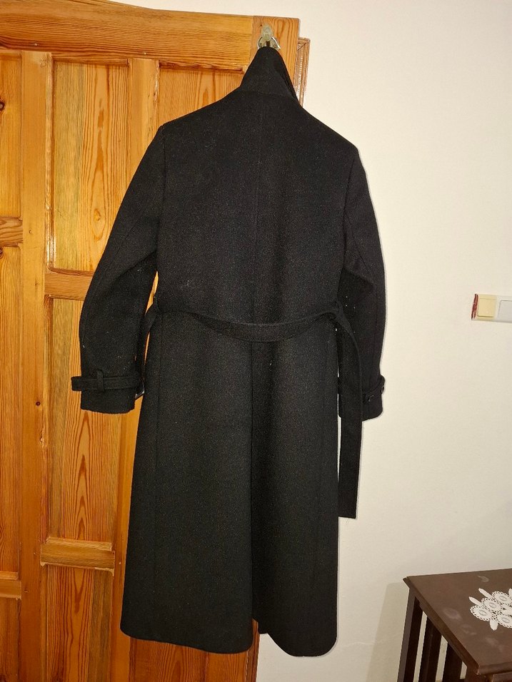 Uzun Kesim Siyah Bağlama Desenli Kadın Kaban - Görsel 5