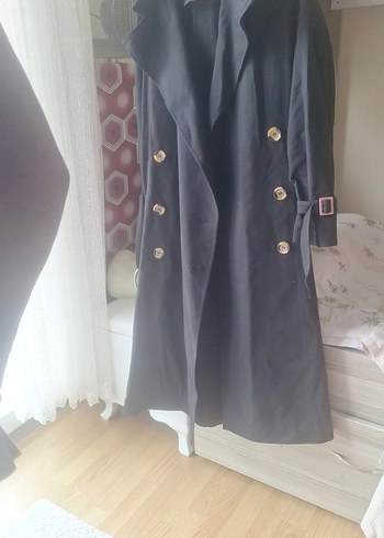 Siyah Kadın Uzun Keten Trençkot - Görsel 3