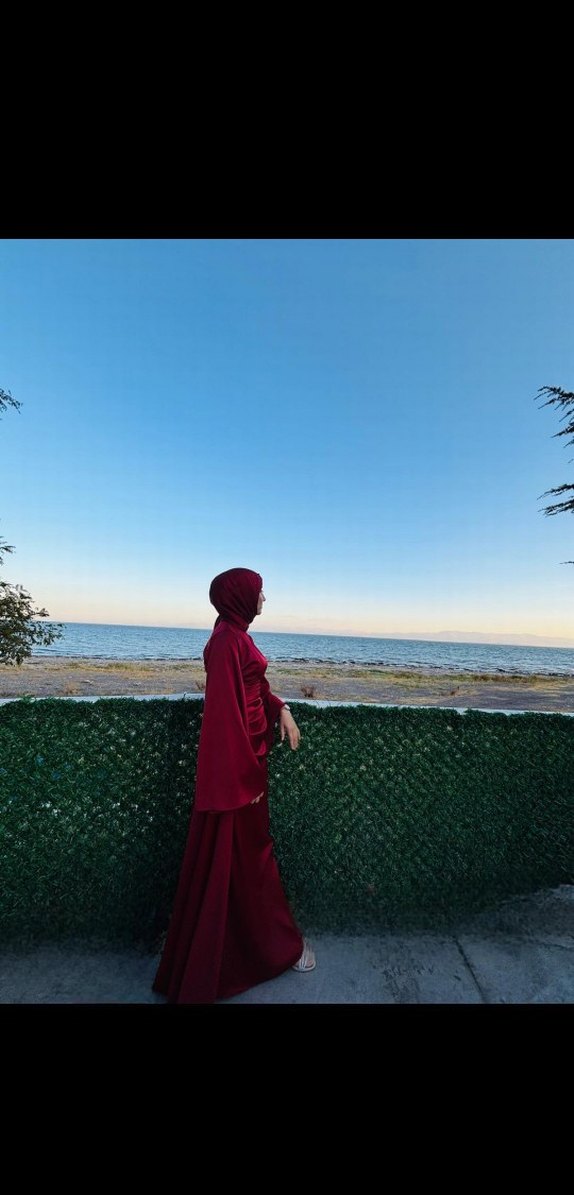 Bordo Uzun Kollu Yüksek Yakalı Kadın Abiye - Görsel 2