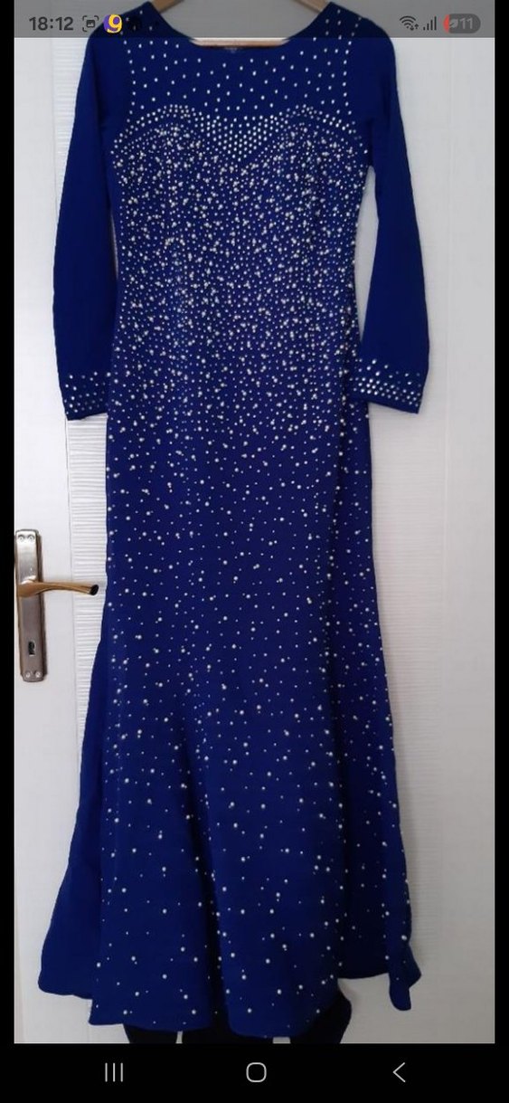 Uzun Mavi Payetli Kadın Abiye Elbise - Görsel 3