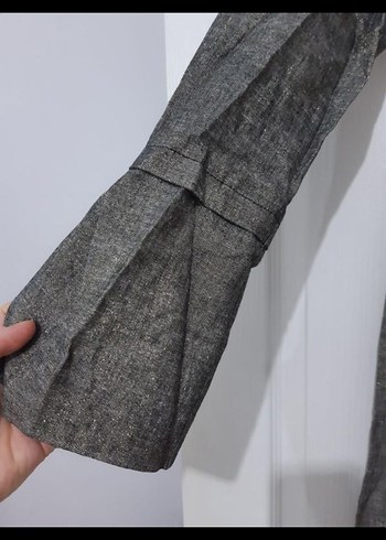 Düğmeli, Baskılı Gri Keten Uzun Kollu Manto - Görsel 6