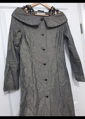 Düğmeli, Baskılı Gri Keten Uzun Kollu Manto - Görsel 5