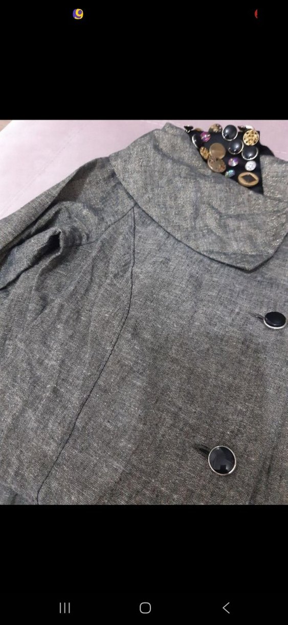 Düğmeli, Baskılı Gri Keten Uzun Kollu Manto - Görsel 3