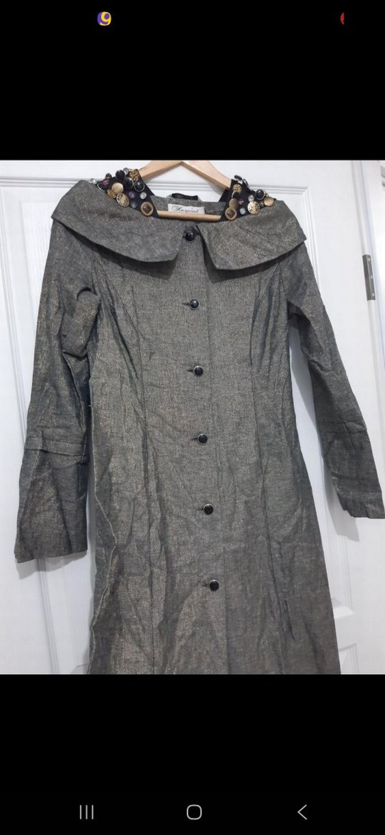 Düğmeli, Baskılı Gri Keten Uzun Kollu Manto - Görsel 5