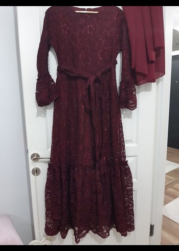 Bordo Dantel İşlemeli Uzun Abiye Elbise - Görsel 4