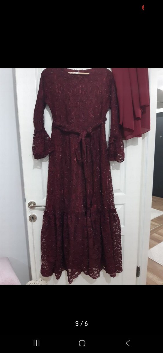 Bordo Dantel İşlemeli Uzun Abiye Elbise - Görsel 4