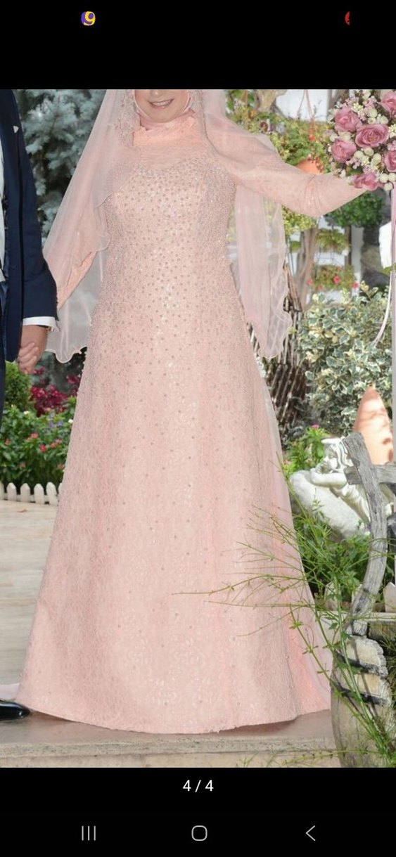 Pembe İşlemeli Uzun Kollu Straplez Nişan Elbisesi - Görsel 4