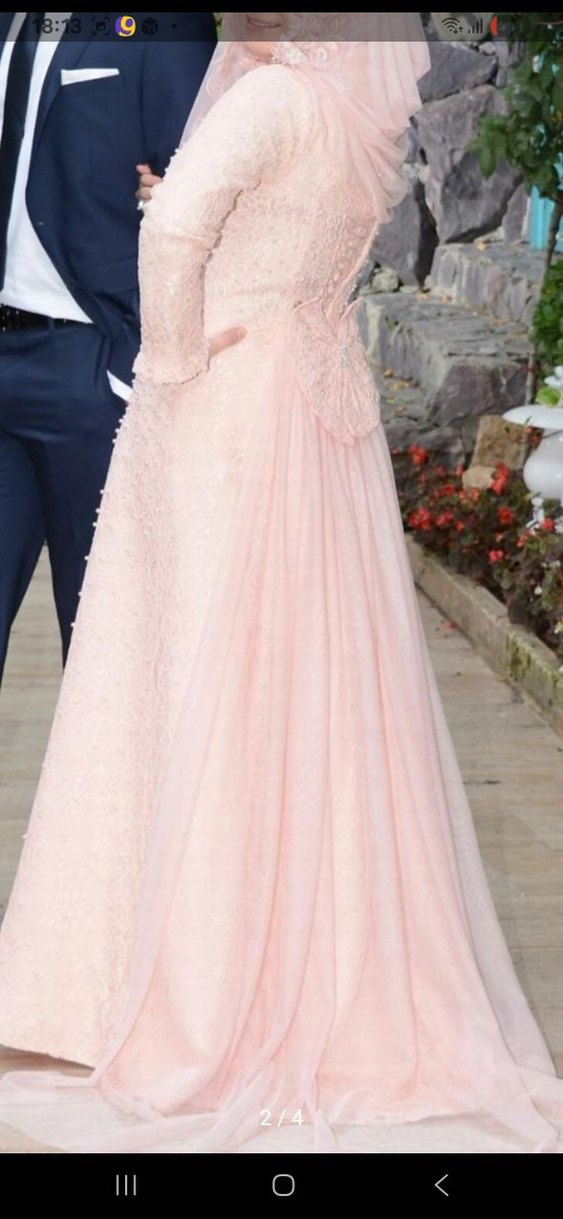 Pembe İşlemeli Uzun Kollu Straplez Nişan Elbisesi - Görsel 2