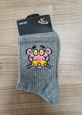 Diger Gri Kız Çorabı Pembe Kaplan Desenli