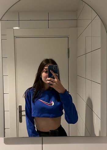 Nike Mavi Crop Top, Uzun Kollu, Yüksek Yaka