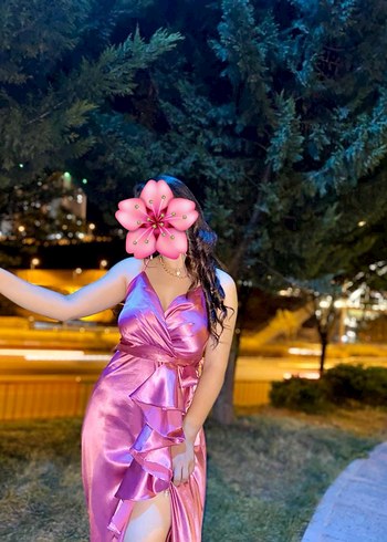 Pembe Drapeli Uzun yırtmaçlı Kadın Elbise