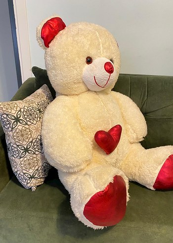 Beyaz Peluş Oyuncak Ayı Kırmızı Detaylı - Görsel 3