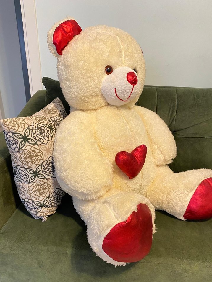 Beyaz Peluş Oyuncak Ayı Kırmızı Detaylı - Görsel 3