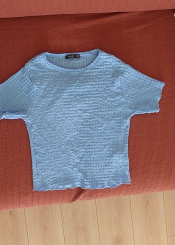 Mavi Kısa Kollu Örgü Kadın Keten Tişört
