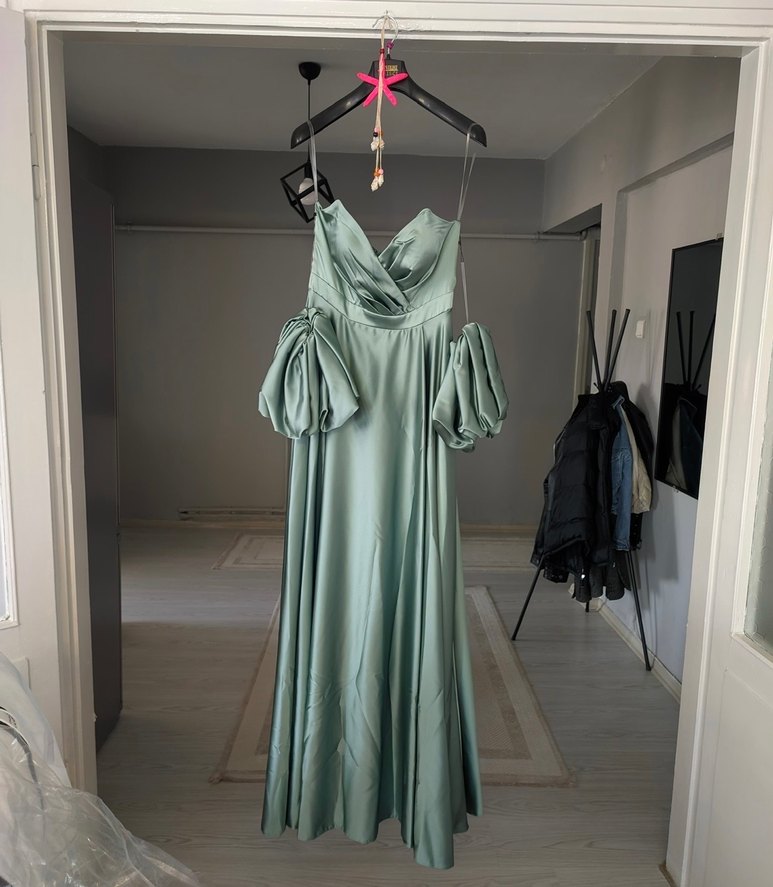 Su yeşili Drapeli Straplez Uzun Abiye Elbise - Görsel 4