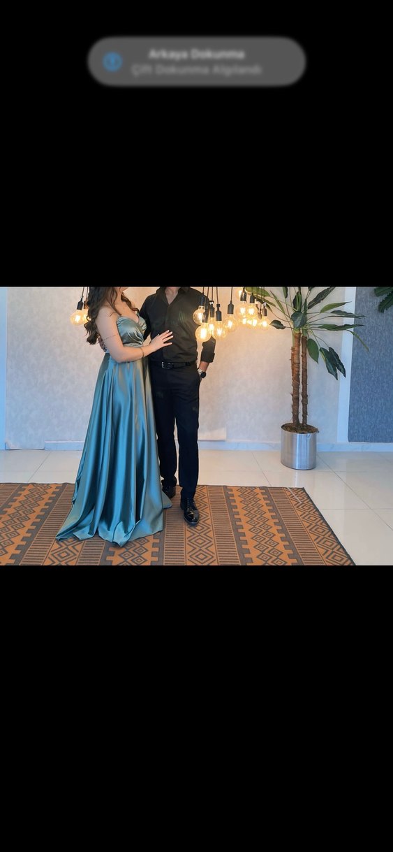 Su yeşili Drapeli Straplez Uzun Abiye Elbise - Görsel 2