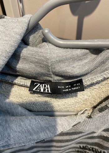 36 Beden Gri Çizgili Crop Kapüşonlu Kadın Sweatshirt