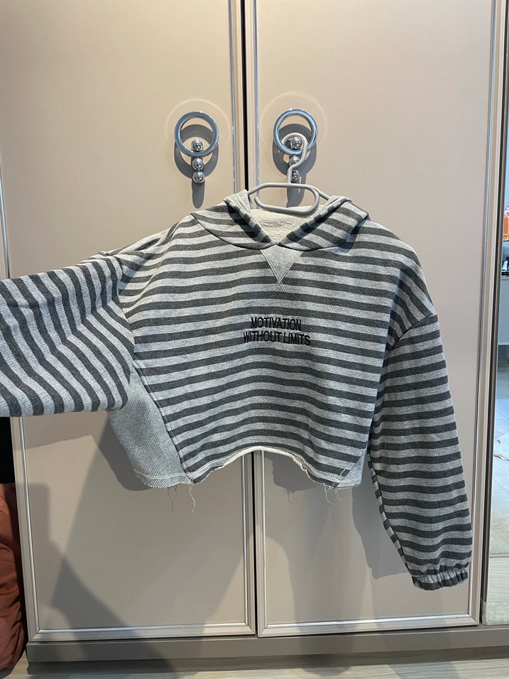 Gri Çizgili Crop Kapüşonlu Kadın Sweatshirt - Görsel 2