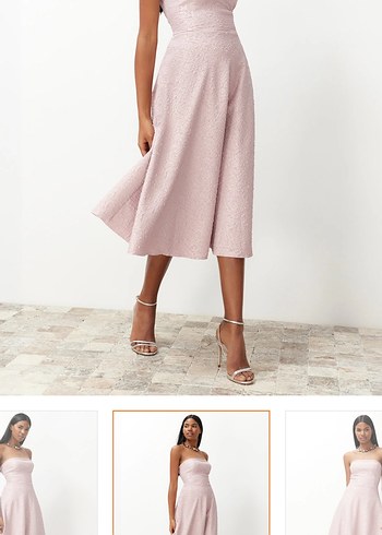 Dantelli Pembe Midi Boy Abiye Elbise - Görsel 3