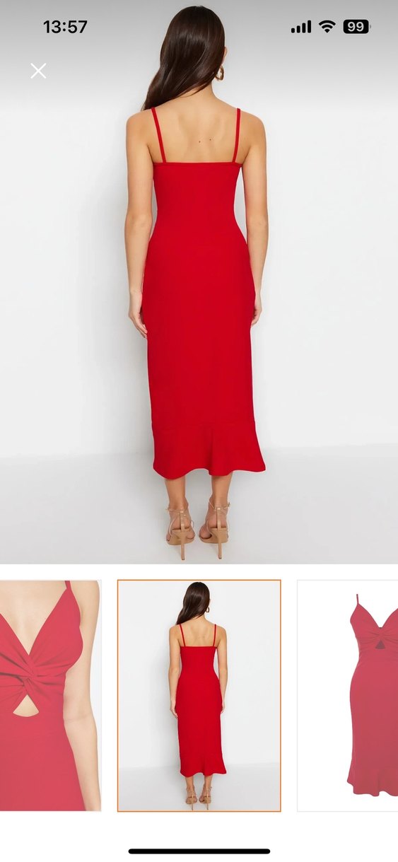 Kırmızı V Yaka Drapeli Midi Elbise - Görsel 3