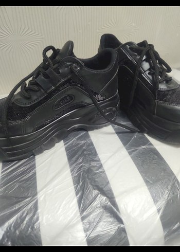 Siyah  Desenli Bağcıklı Topuklu Sneakers - Görsel 6