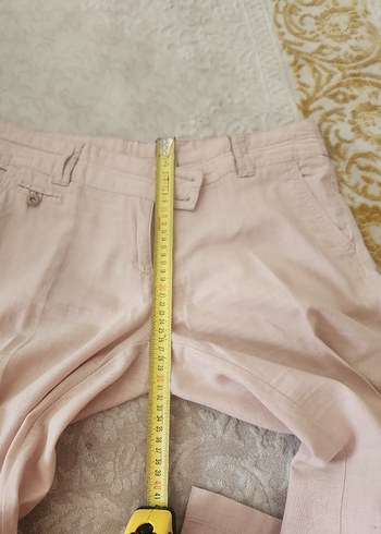 Düğmeli Bej Keten Kadın Pantolon - Görsel 4