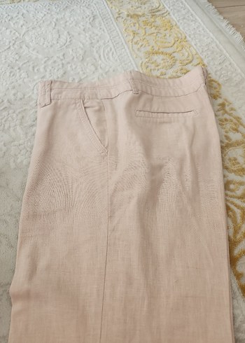 Düğmeli Bej Keten Kadın Pantolon - Görsel 7