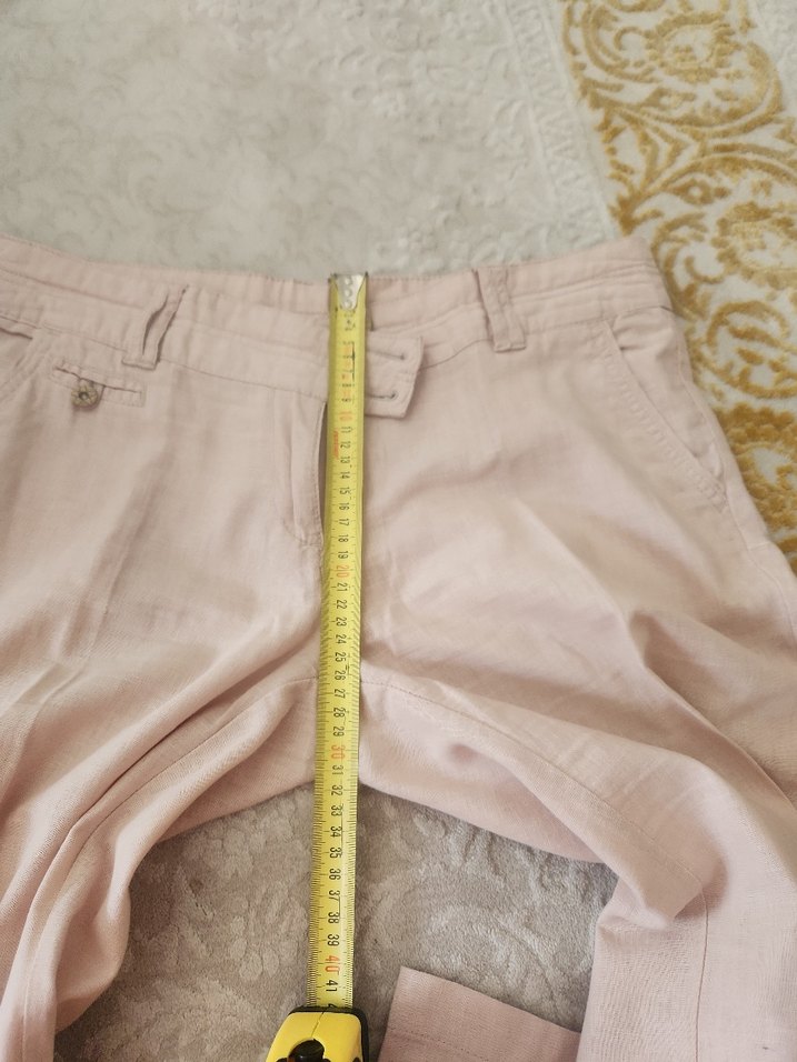 Düğmeli Bej Keten Kadın Pantolon - Görsel 4