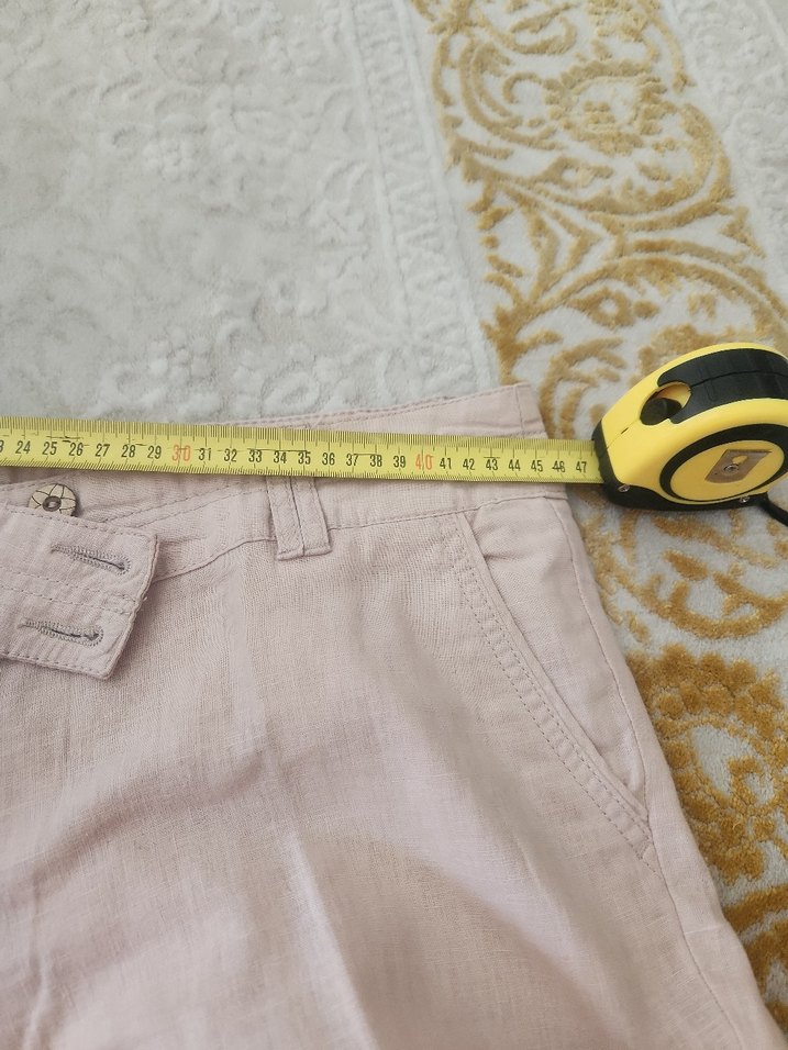 Düğmeli Bej Keten Kadın Pantolon - Görsel 2