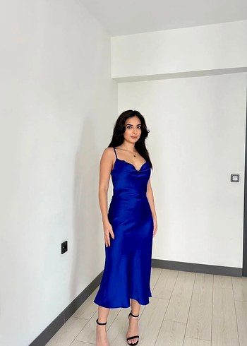 Sıfır Etiketli Saks Mavi  Saten Davet Elbisesi - Görsel 3