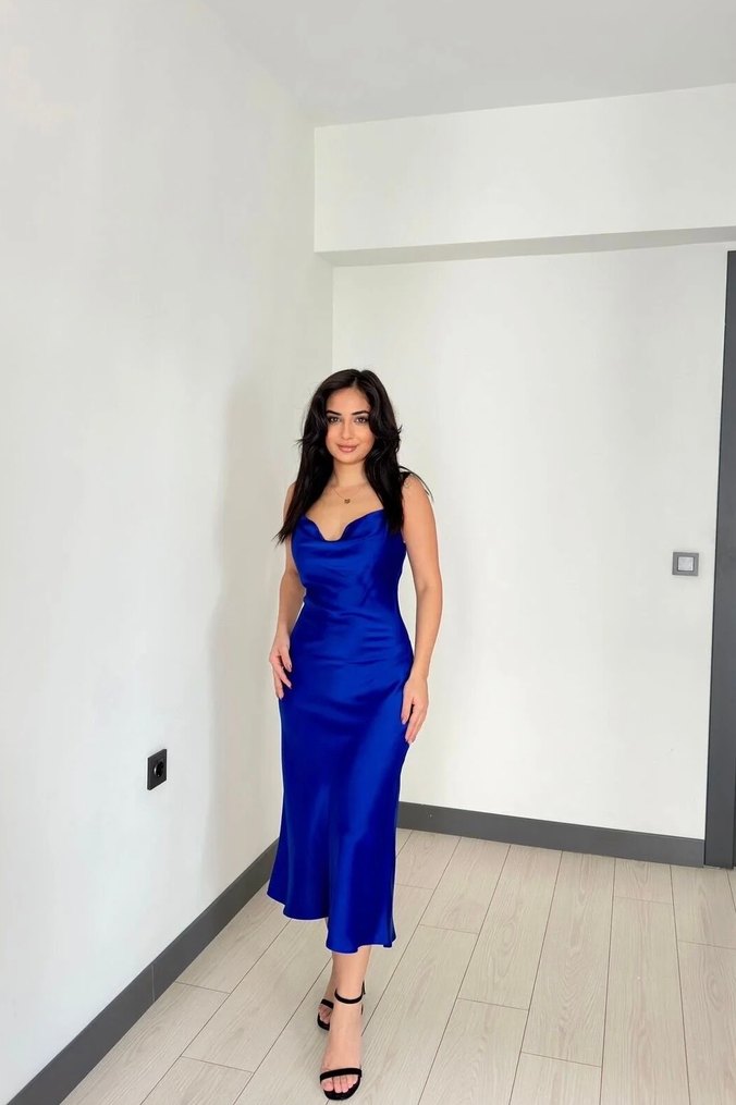 Sıfır Etiketli Saks Mavi  Saten Davet Elbisesi - Görsel 2