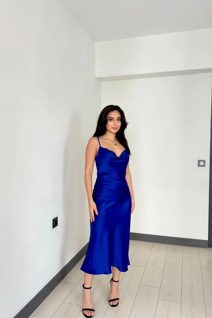 Sıfır Etiketli Saks Mavi  Saten Davet Elbisesi - Görsel 3