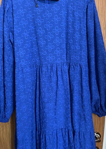 Uzun Kollu Mavi Pilili Kadın Elbise - Görsel 2