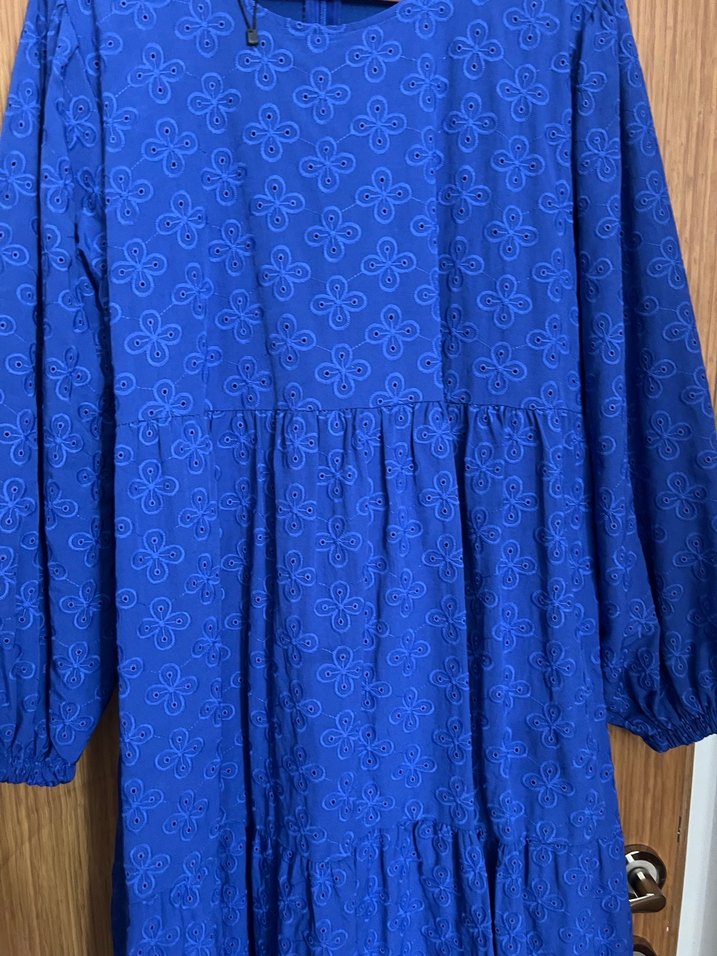 Uzun Kollu Mavi Pilili Kadın Elbise - Görsel 2