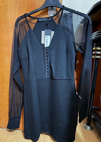 Düğmeli V Yaka Siyah Midi Gotik Elbise - Görsel 4