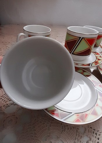 Renkli Geometrik Desenli 5 Fincan ve Tabak Seti - Görsel 3