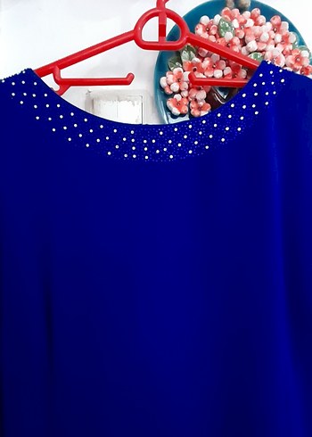 Uzun Kollu Mavi Kadın Abiye Elbise - Görsel 2