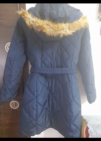 Kemerli Uzun Lacivert Kadın Kışlık Mont - Görsel 3