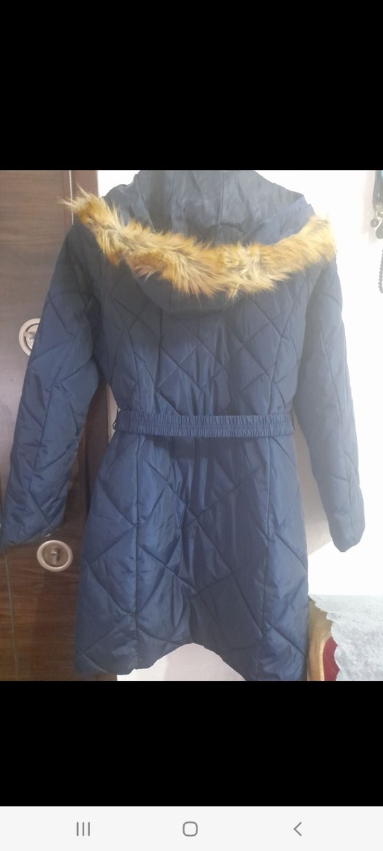 Kemerli Uzun Lacivert Kadın Kışlık Mont - Görsel 3