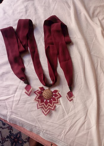 Bordo Nakışlı Bohem Uzun Kurdele Kolye