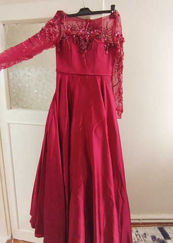 Bordo Uzun Kollu İşlemeli Abiye Elbise - Görsel 3