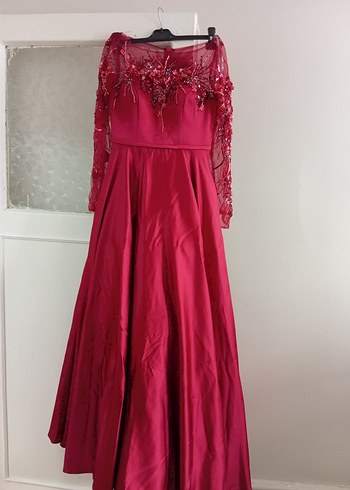 Bordo Uzun Kollu İşlemeli Abiye Elbise - Görsel 2