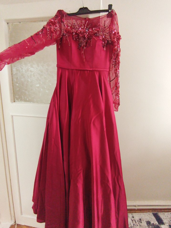 Bordo Uzun Kollu İşlemeli Abiye Elbise - Görsel 3