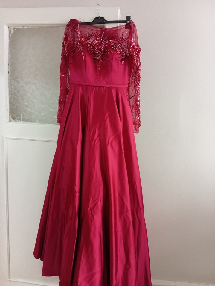 Bordo Uzun Kollu İşlemeli Abiye Elbise - Görsel 2