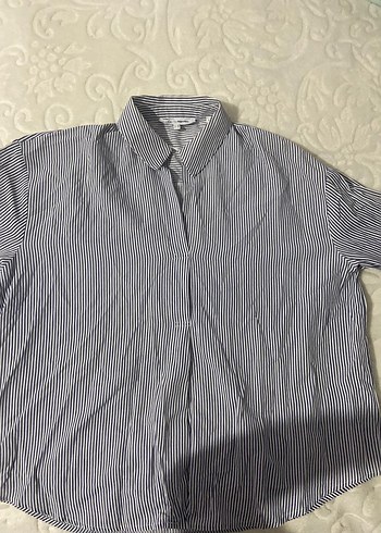 Gri Çizgili Pamuklu Uzun Kollu Kadın Gömlek - Görsel 2