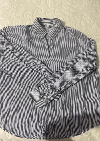 Gri Çizgili Pamuklu Uzun Kollu Kadın Gömlek - Görsel 3