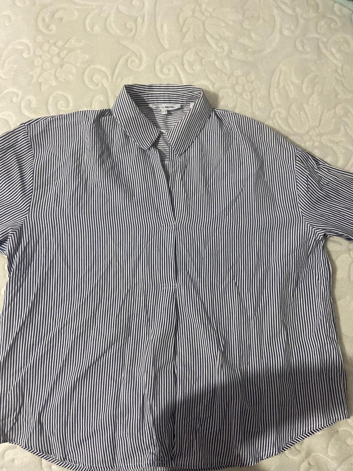 Gri Çizgili Pamuklu Uzun Kollu Kadın Gömlek - Görsel 2