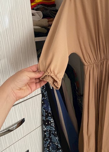 m Beden camel Renk Bej Kadın Uzun Keten Elbise