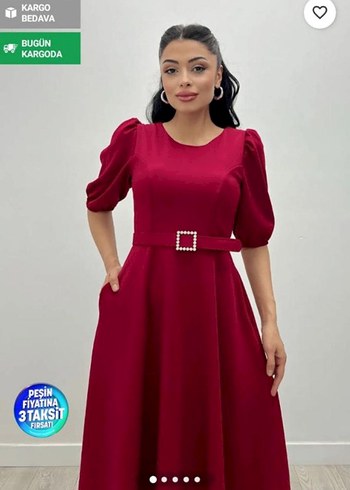 38 Beden Kırmızı Midi Boylu Kemerli Abiye Elbise